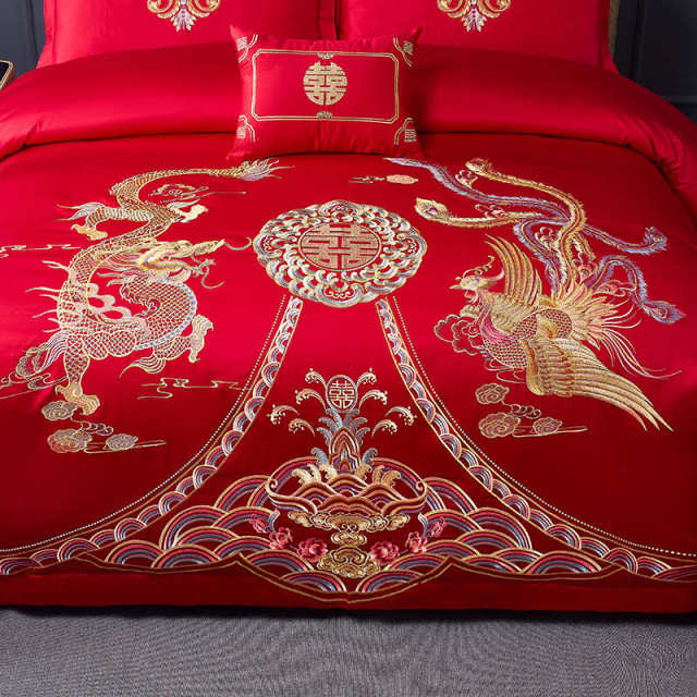 Wedding wedding bedding four-piece set big red Chinese-style dragon and phoenix embroidered bed sheets and quilt covers long velvet cotton six-piece set