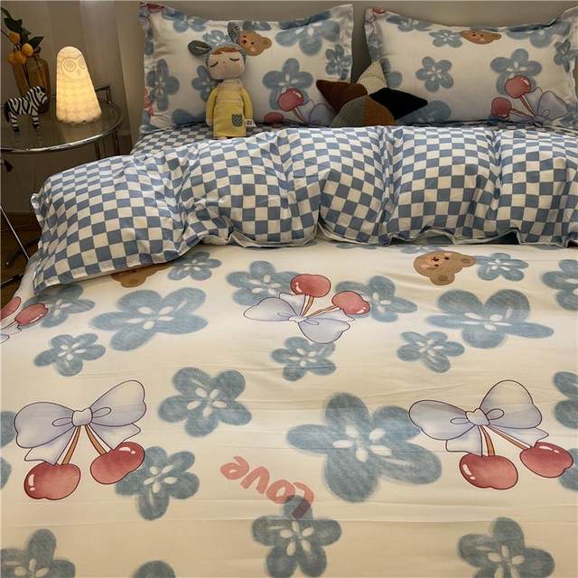 Retro small blue quilt cover four-piece set wash cotton single double bedding dormitory student bed sheet three-piece set