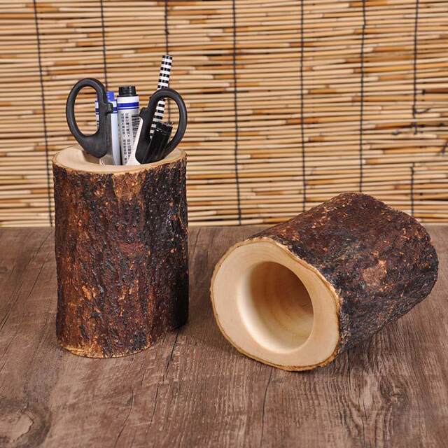 Thai solid wood pen holder desktop stationery pen holder wooden storage box storage desk large capacity round pen holder