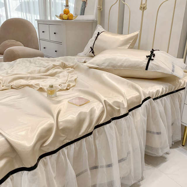 Fairy temperament ice silk mat three-piece set for summer washing and cool bed sheet princess lace edge air conditioning mat