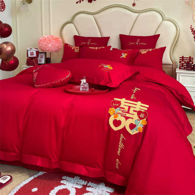 轻奢中式婚庆四件套高档喜庆结婚床上用品新婚红色床单被套六件套