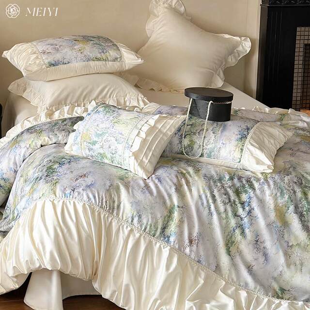French romantic small fresh 120S day silk cotton four-piece set skin-friendly nude sleeping sheets and quilt covers printed bedding