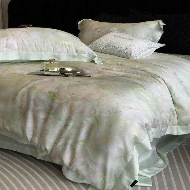 High-end 100-pin Lanjing Tiansi four-piece set light luxury cool printed quilt cover bed sheet summer silky bedding