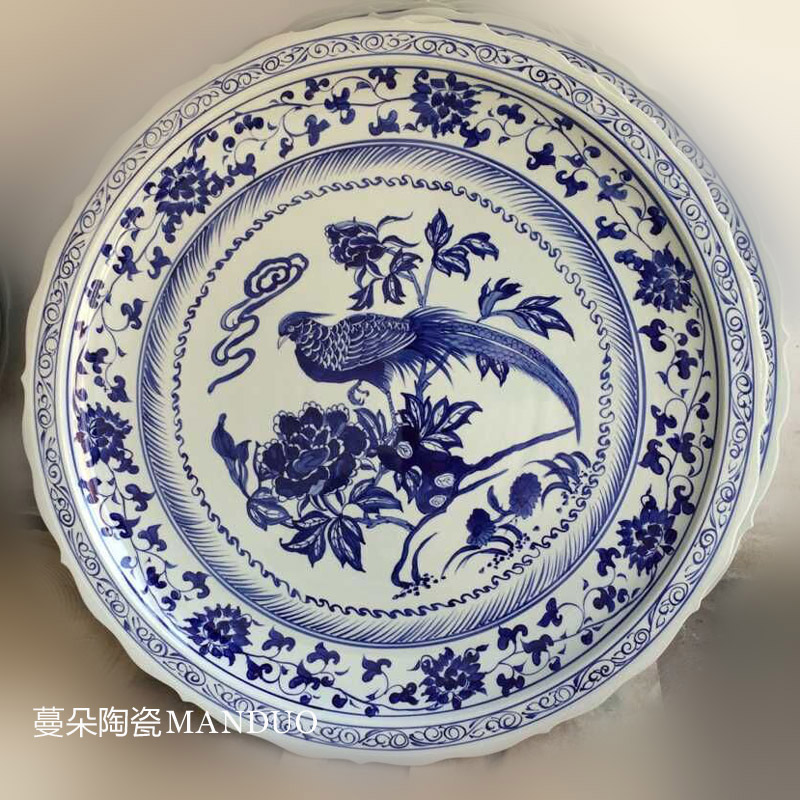 JINGDEZHEN 세라믹 호텔 장식 스타일 대형 도자기 접시 손으로 그린 ??공작 모란 도자기 파스타 도자기 접시