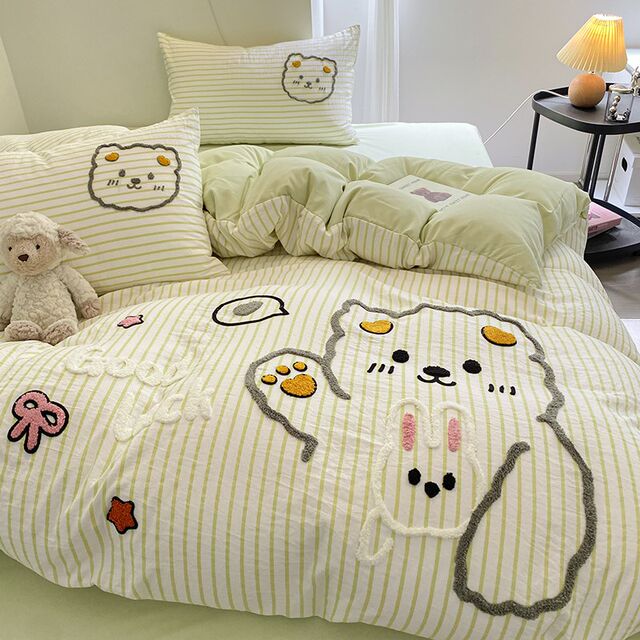 Cartoon towel embroidery four-piece set non-full q cotton student three-piece set dormitory bedding princess style bed sheets and fittings style