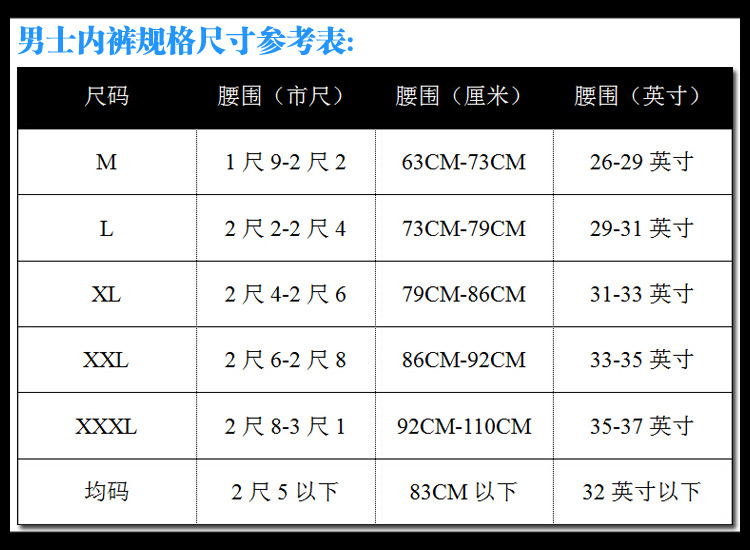 男士内裤尺寸规格参考表