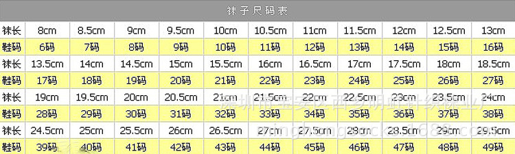 袜子尺码对照表