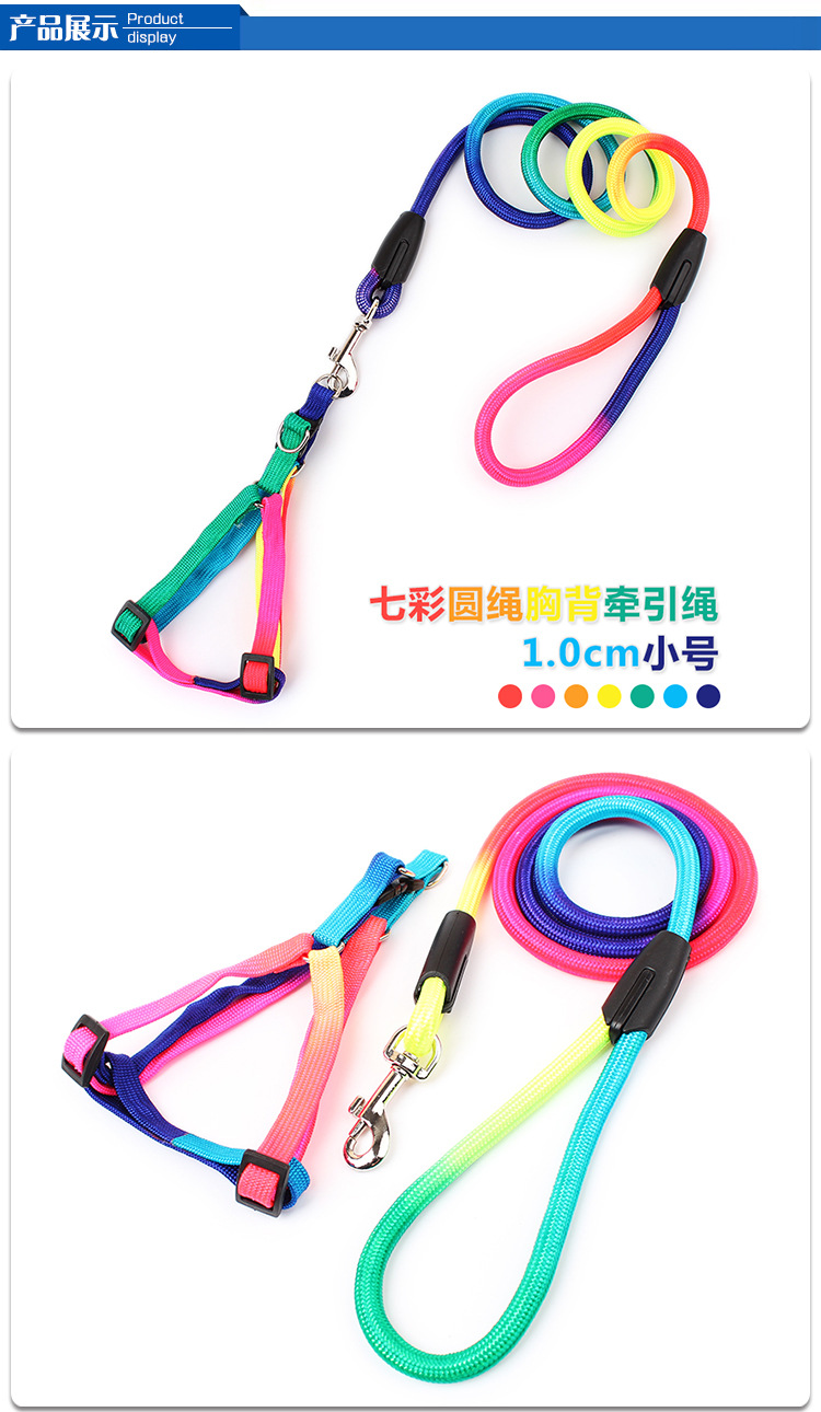 现货批发皮皮淘优质狗绳 1.0cm小号七彩圆绳胸背式狗狗牵引绳3