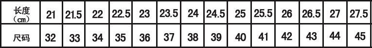 尺码对照表