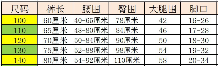 儿童长裤尺寸