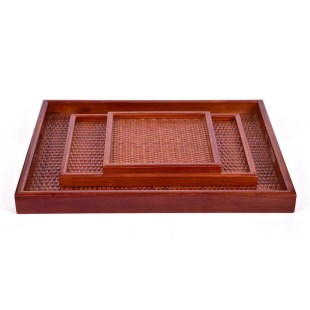 批发木质餐具实木长方形盘子 手工内藤编外纯色喝茶水果糕点托盘