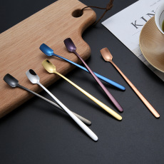 304不锈钢方头冰勺 马克杯勺家用甜点长柄勺 韩式实心镀金调羹勺