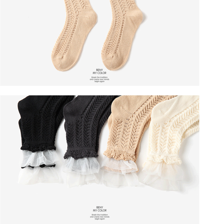 Benymycolor-女袜夏秋棉镂空人字纹白纱边网眼_07