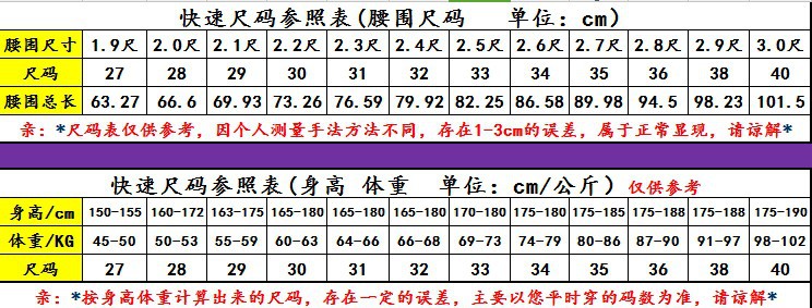 尺寸表+身高体重表