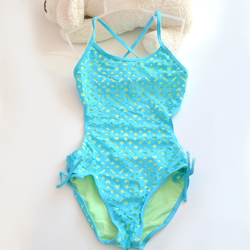 ZK71100100 湖蓝色几何镂空连体