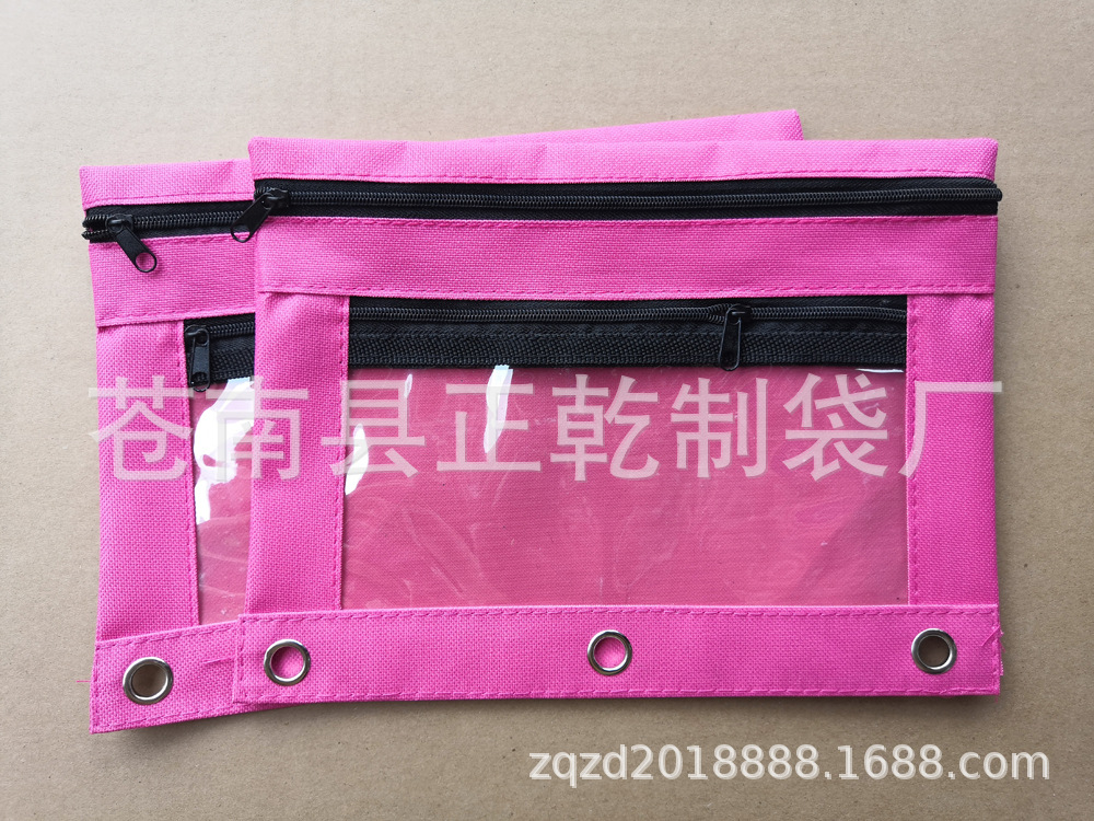 透明双拉链三孔笔袋 大孔 玫红色001