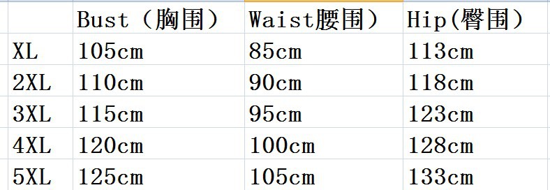 XL-5XL尺码表（人体尺寸）