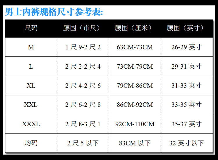 内裤尺码表