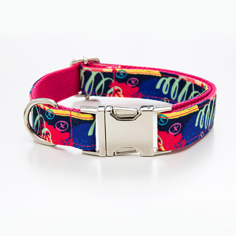 红涂鸦宠物项圈牵引绳套装 跨境亚马逊狗脖圈牵引带高档项圈狗链