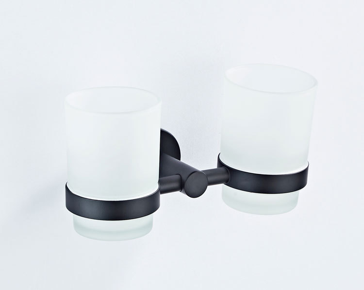 全铜单杆黑色卫浴五金挂件厂家批发双杯架磨砂玻璃杯B