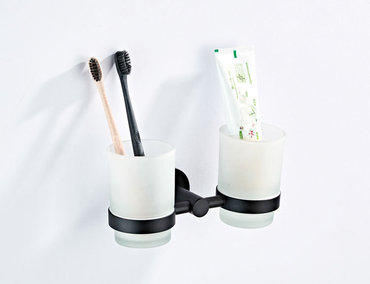 全铜单杆黑色卫浴五金挂件厂家批发双杯架磨砂玻璃杯B