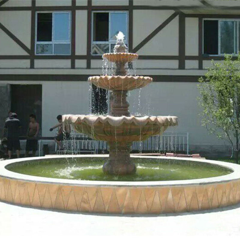 晚霞红三层石雕景观喷泉