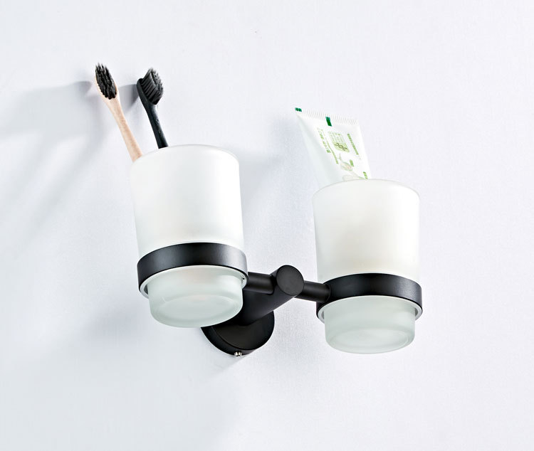 全铜单杆黑色卫浴五金挂件厂家批发双杯架磨砂玻璃杯B