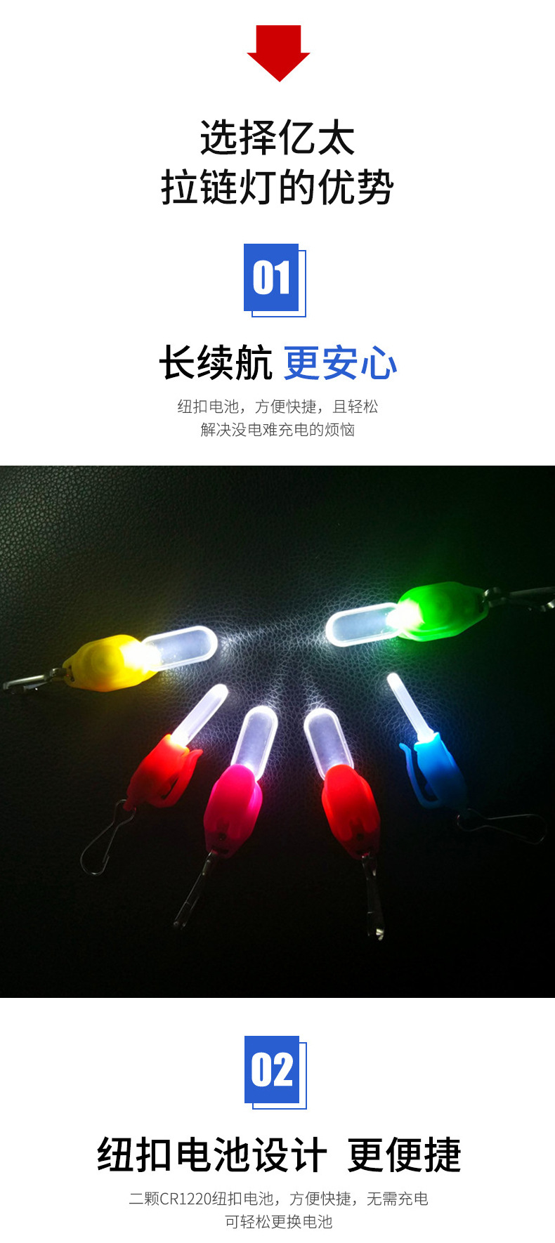 跨境爆款LED发光拉链灯夜间骑行露营发光钥匙扣警示灯可定制LOGO