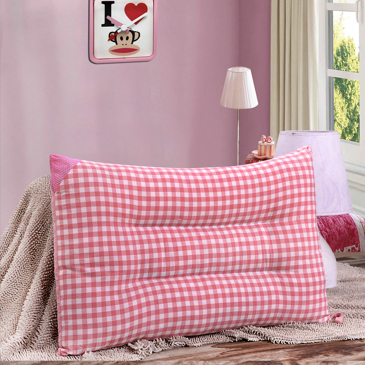 粉小格水洗枕