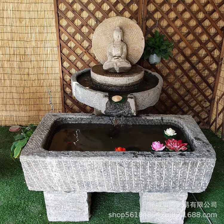 老旧石槽鱼缸流水组合老石器石阳台水景庭院水槽家用流水石槽摆件