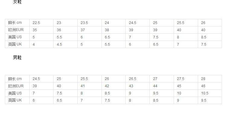 运动鞋尺码表