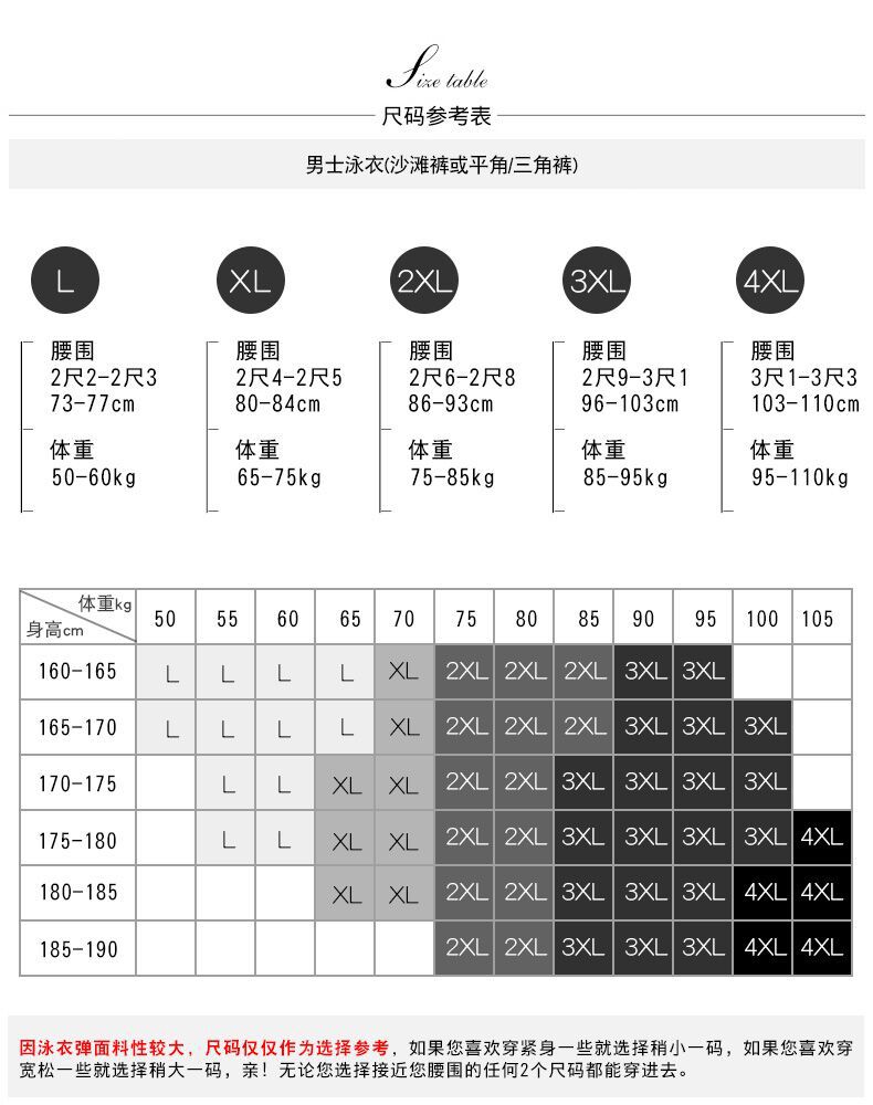 男士新款尺码表