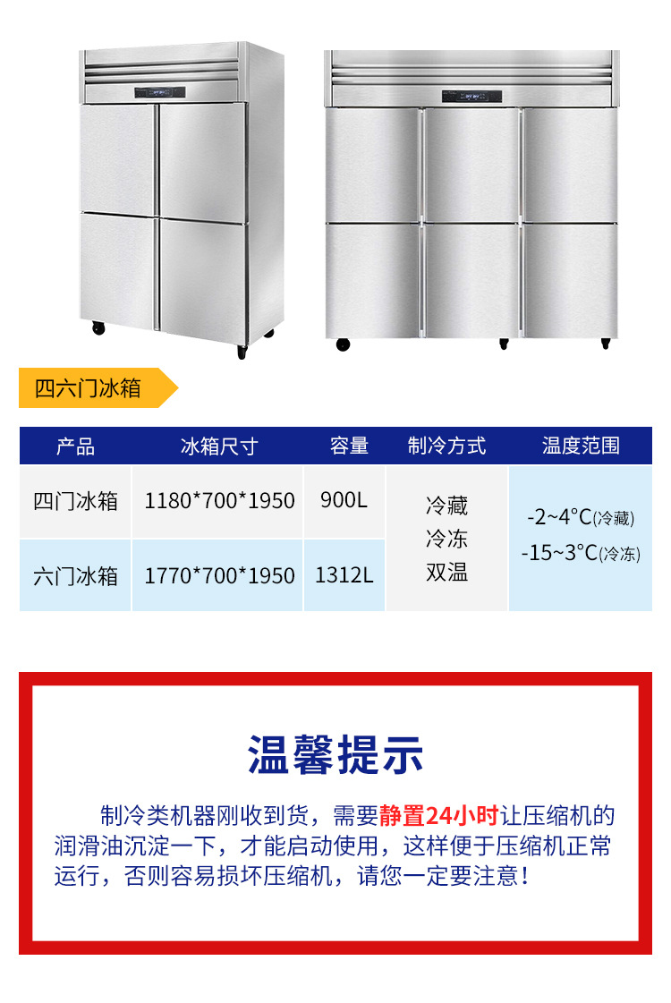 商用四六门立式冰箱不锈钢冷藏保鲜冰柜蔬菜保鲜柜大容量冷柜