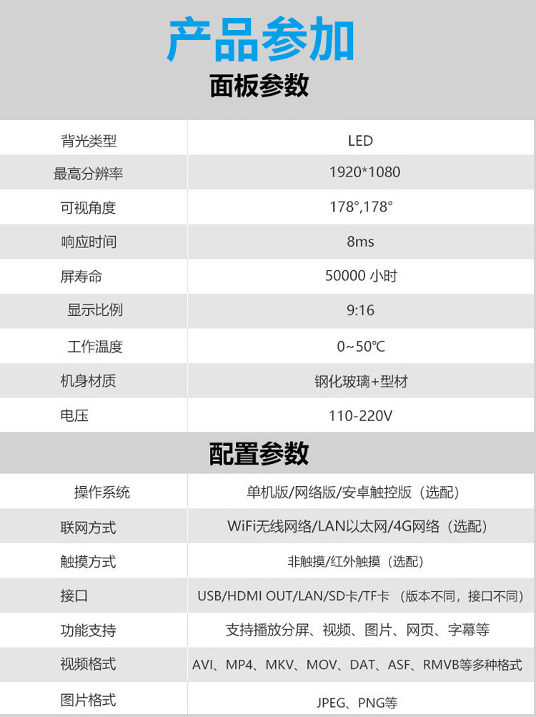 电子水牌广告机参数表