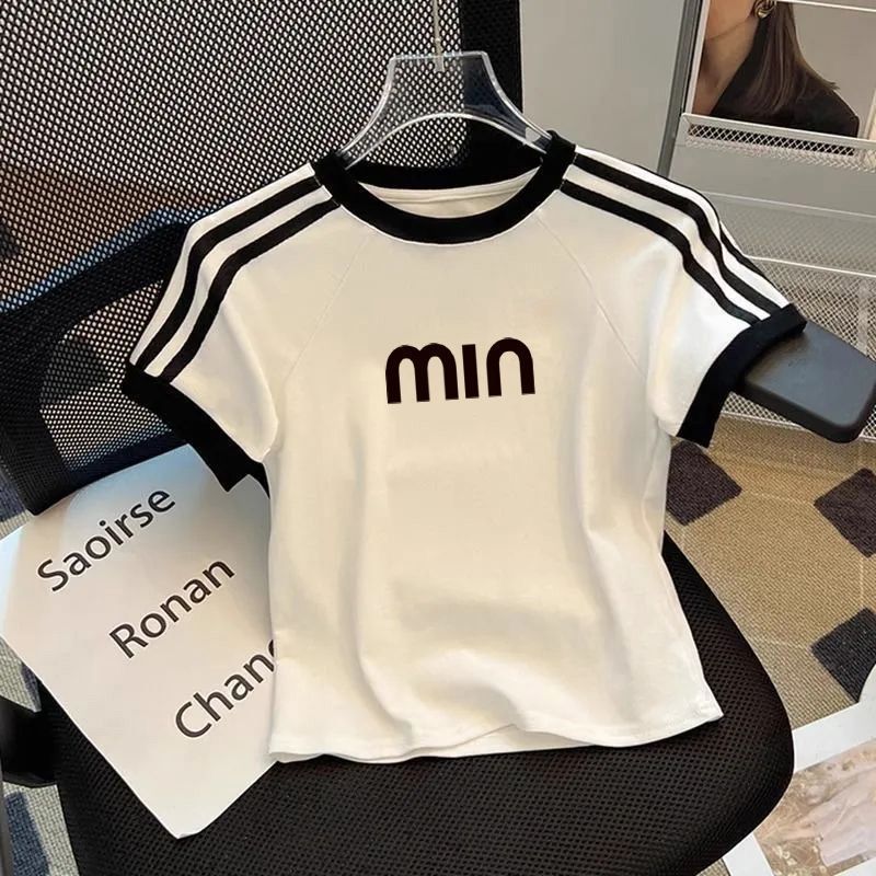 三条杠条纹拼接字母印花显瘦短款短袖恤女夏季新款女童上衣_2