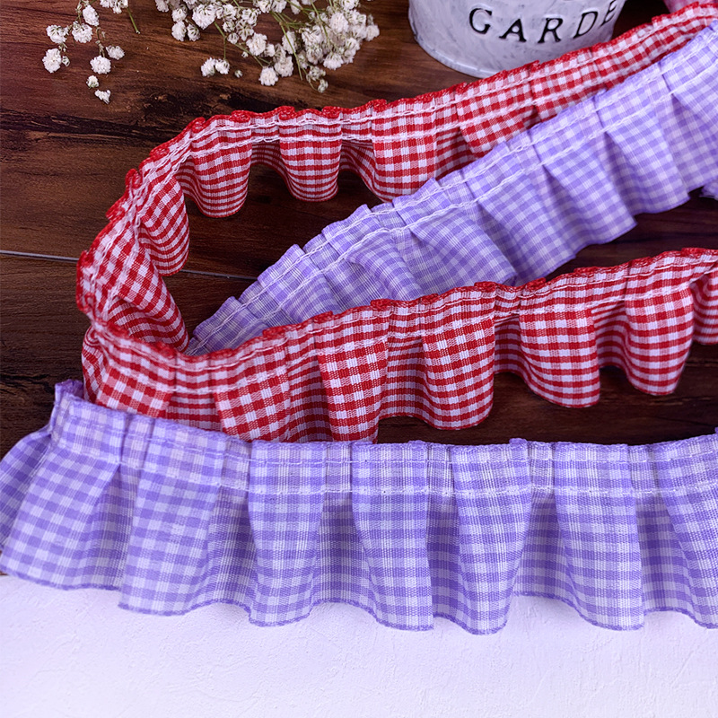 高档蕾丝花边辅料红格子荷叶花边diy裙边下摆袖口木