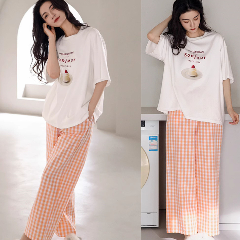 白红字母草莓蛋糕橙格裤短长