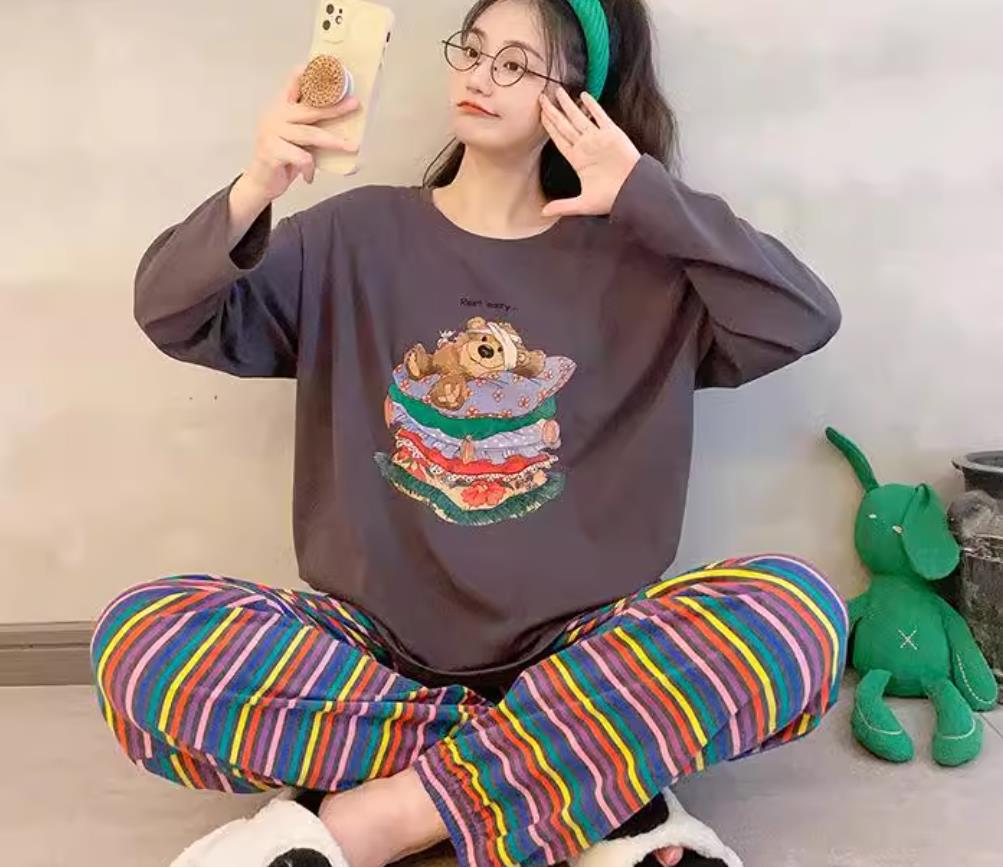 深灰多枕头熊彩条缩裤双长