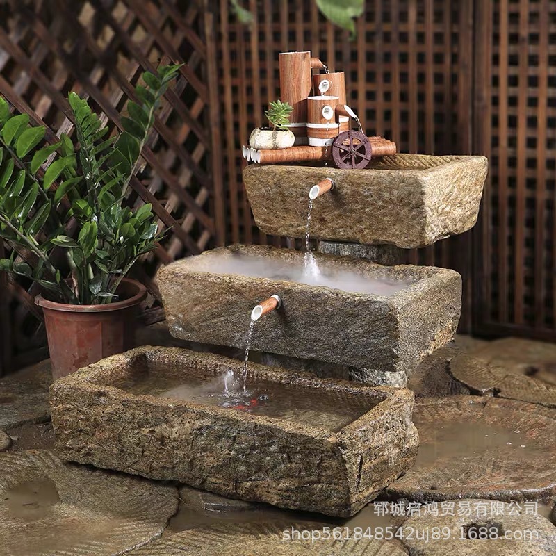 老旧石槽鱼缸流水组合老石器石阳台水景庭院水槽家用流水石槽摆件