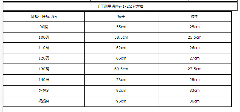 牛仔裤尺码表