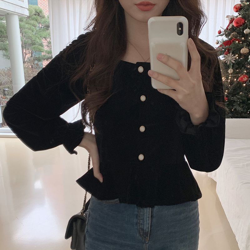 法式复古黑色方领心机上衣女设计感露锁骨短款金丝绒百搭衬衫_3