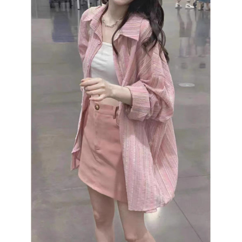 早春装外搭开衫慵懒宽松上衣防晒衬衣粉色条纹衬衫外套女_3