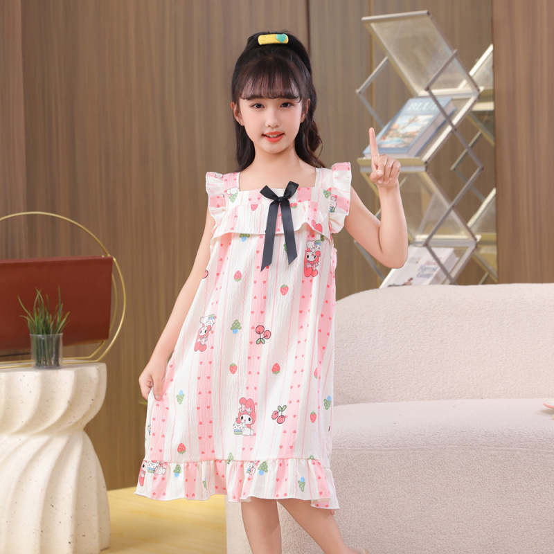 2025夏季儿童睡衣女薄款云朵棉短袖方领裙空调服大中小童家居
