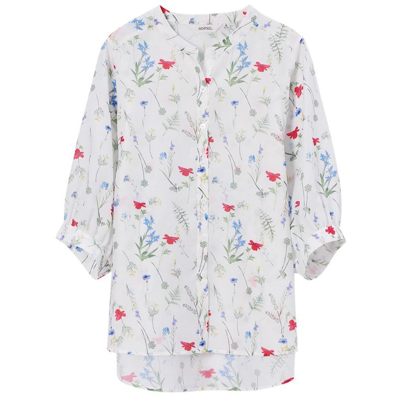 雪纺衫女七分袖夏季2023新款衬衫宽松小清新印花遮肚子显瘦上