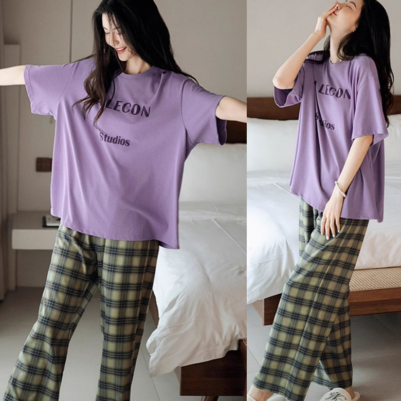 紫紫字母杏蓝格裤短长