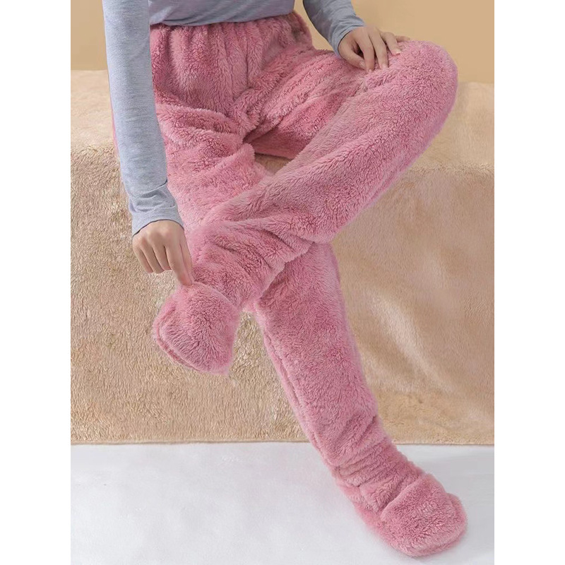 成人加厚连袜睡裤带袜子一体睡觉包脚护脚踝护膝宽松连脚连体睡衣