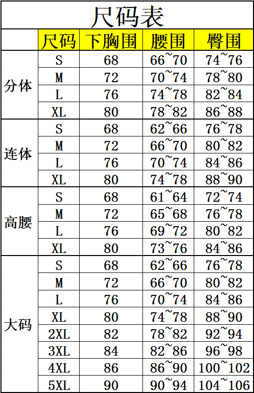2021奇异泳衣     尺码表