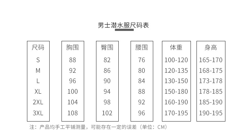 珊瑚色潜水服尺码表_01