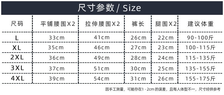 男士泳裤尺码表
