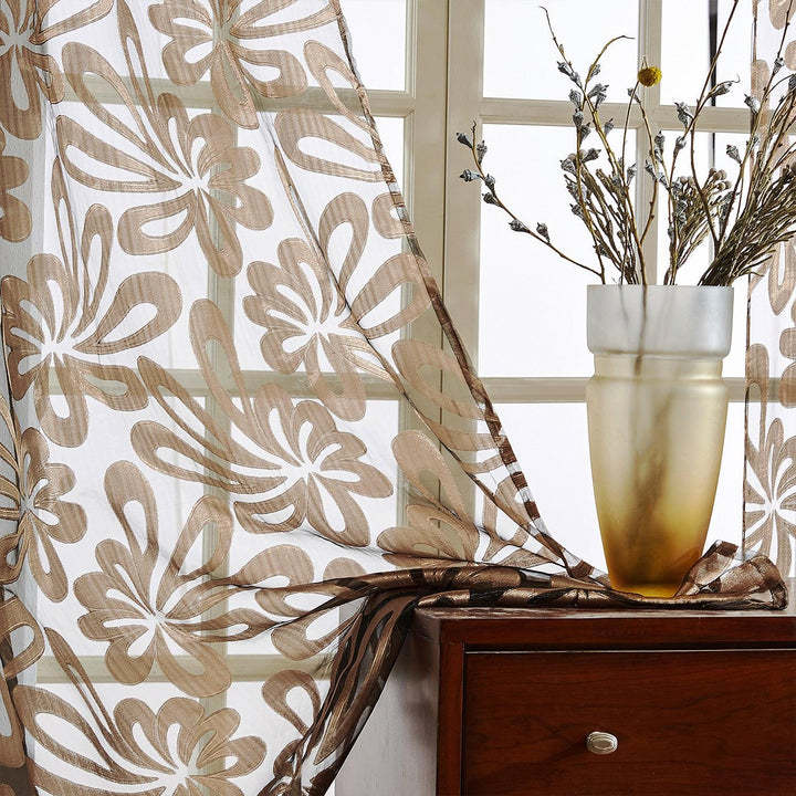 FloralSheerCurtainsbrownVoileW